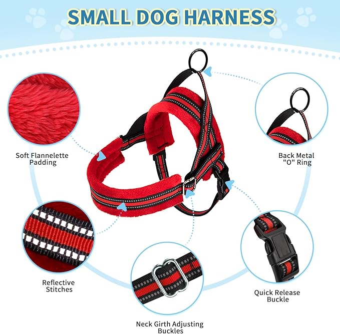 SlowTon No Pull Small Dog Harness and Leash Set, Puppy Soft Vest Harness Neck & Chest Adjustable, Reflective Lightweight Harness & Anti-Twist Pet Lead Combo for Small Medium Dogs (Red, XS) SlowTon