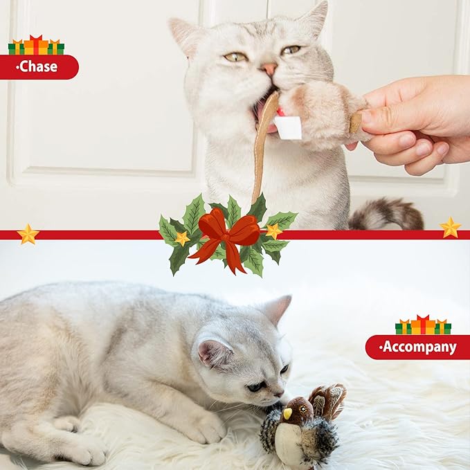 Gigwi Chirping Bird Cat Toy Set, Interactive Chasing Toy for Indoor Cat, Motion Activated Kitten Play Toy, Squeaky Cat Animal Feather Toy for All Breeds Cat Kicker - PAWPICO