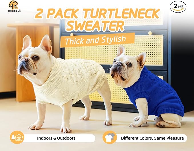 2 Pack Dog Sweaters for Small Dogs - Puppy Medium Warm Clothes in Winter, Turtleneck Pullover Design for Boy Girl Pet, Doggie, Cat, Kitten Chihuahua Bulldog Pug Beagles (XS, Blue, Beige) - PAWPICO