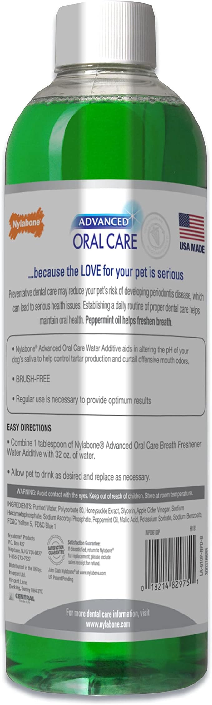 Nylabone Advanced Oral Care Cat & Dog Water Additive for Dental Care - Liquid Tartar Remover - Dog Breath Freshener & Teeth-Cleaning Liquid - Peppermint (16 oz.) Nylabone