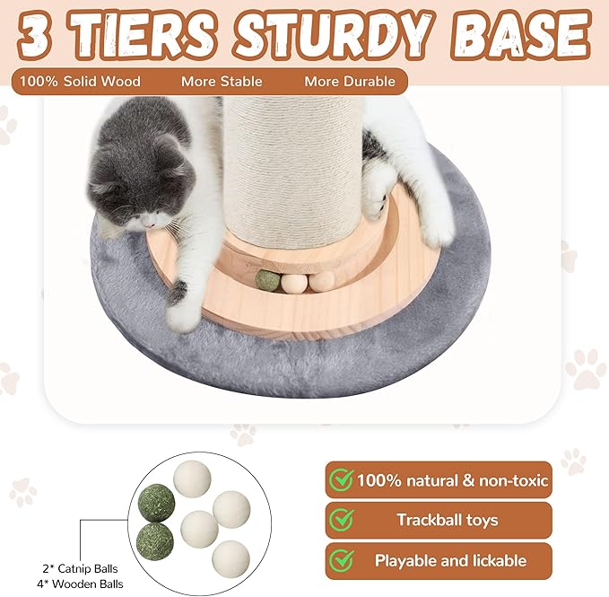 OTOB 32" Tall Cat Scratching Post, 4.3Inch Large Diameter Natural Sisal Rope Scratcher Post for Indoor Large Cats Kittens, 5-in-1 Interactive Turntable Cat Scratch Post (Gray, B-33Inch) - PAWPICO