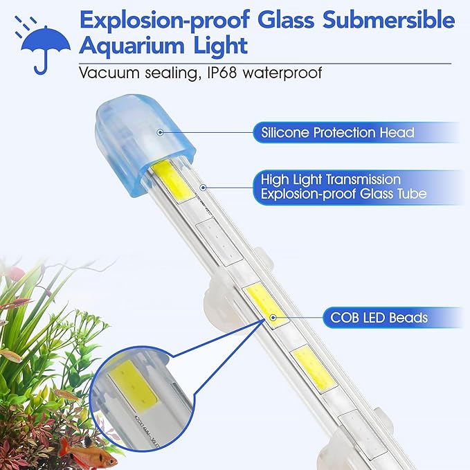 hygger 24.4" Ultra Bright Glass Submersible Aquarium Light, 15W COB LED Explosion-Proof Under Water Fish Tank Light, White and Blue LED Light for 25"-40" Freshwater Tanks hygger