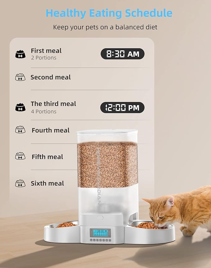 HoneyGuaridan Automatic Cat Feeder for Two Cats,5L Cat Food Dispenser with Stainless Steel Bowl,Timed Cat Feeder Programmable 1-6 Meals Control, Dual Power Supply,Desiccant Bag,10s Meal Call White - PAWPICO