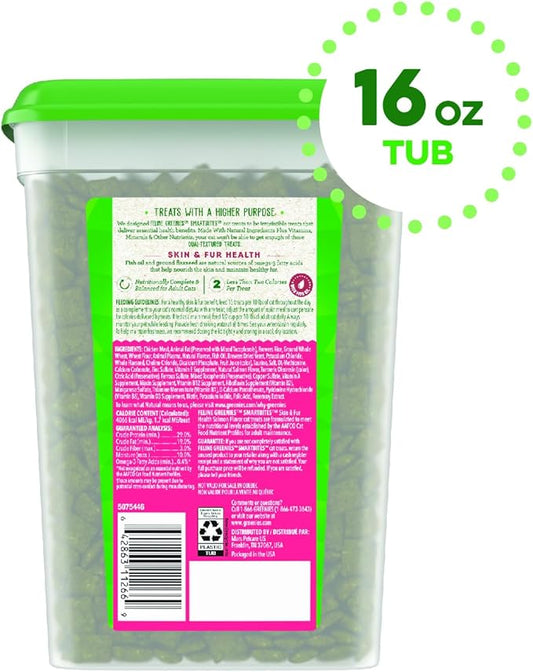 FELINE GREENIES SMARTBITES Skin & Fur Health Crunchy and Soft Natural Cat Treats, Salmon Flavor, 16 oz. Tub GREENIES