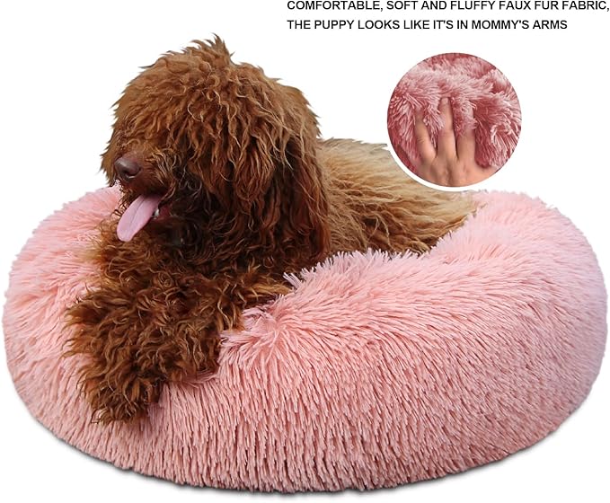 Pink Dog Bed for Small Dogs Machine Washable, Calming Bed for Puppy with Anxiety,19 Inch Round Donut Cute Soft Plush Cuddler Girl Dog Bed for small size dogs with Fluffy Faux Fur,Fits Under 10 lb Pets - PAWPICO