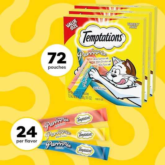 Temptations Creamy Puree with Chicken, Salmon, and Tuna Squeezable Lickable Wet Cat Treat Variety Pack, 0.42 oz. Tubes, 3 Packs of 24 (72 Total) Temptations