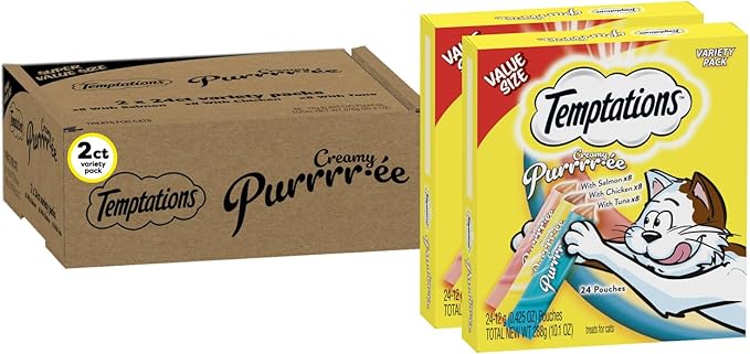 Temptations Creamy Puree with Chicken, Salmon, and Tuna Variety Pack of Lickable, Squeezable Cat Treats, 0.42 Oz Pouches, 48 Count Temptations