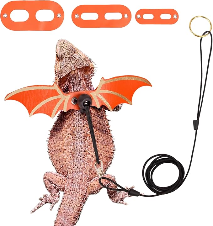 ADOGGYGO Bearded Dragon Leash Harness, 3 Size Pack Orange Leather Wing Lizard Harness with Removable Lizard Leash for Bearded Dragon Lizard Reptiles (Orange) ADOGGYGO