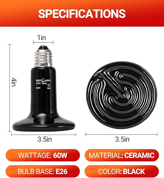 REPTI ZOO 2Pack Ceramic Heat Emitter 60W Reptile Heat Lamp Night Heat Lamp Bulbs Reptile Terrarium Heat lamp Tank Heat Bulb for Turtle Bearded Dragon Gecko Lizard Snake Chicken E26 REPTIZOO