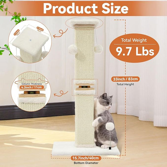 OTOB Cat Scratching Post 33 Inch, Nature Sisal Scratching Posts for Indoor Cats Adults Kitten, 6-in-1 Interactive Turntable Cat Scratch Post Protect Your Furniture, Large Cat Scratcher, Beige - PAWPICO