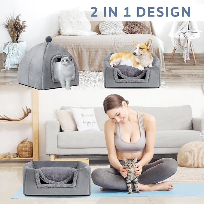 Cat Bed Cave for Indoor, Suitable for Cat Dome Bed, Hideaway Bed for Indoor Cats with Removable Mattress for Kittens.Cat Tent House for Dual Use (XL:17"x17") - PAWPICO
