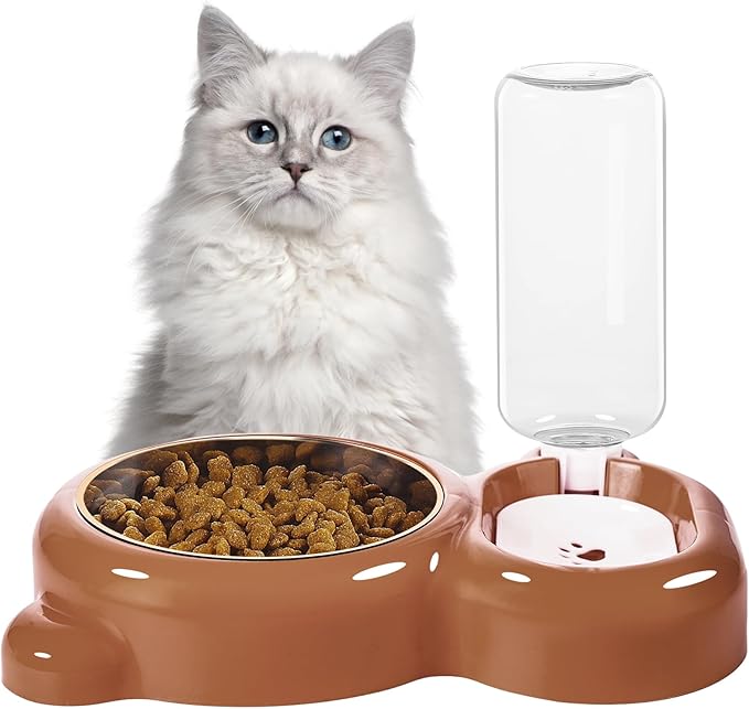 Dog Bowls, Cat Food and Water Bowl Set with Water Dispenser and Stainless Steel Bowl for Cats and Small Dogs - Brown - PAWPICO