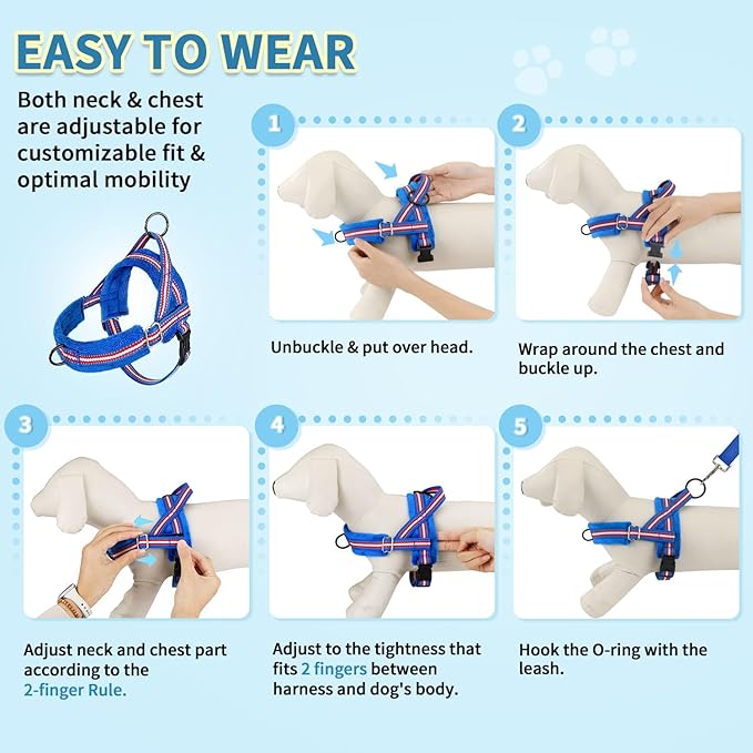 SlowTon No Pull Small Dog Harness and Leash Set, Puppy Soft Vest Harness Neck & Chest Adjustable, Reflective Lightweight Harness & Anti-Twist Pet Lead Combo for Small Medium Dogs (DB-Front Clip, XXS) SlowTon