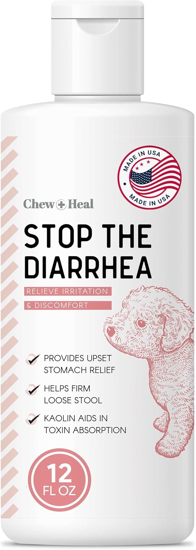 Chew + Heal Labs Anti Diarrhea for Dogs - 12 oz. of Stop The Diarrhea Liquid Supplement with Kaolin - for Diarrhea and Upset Stomach Relief - Made in The USA ChewHeal