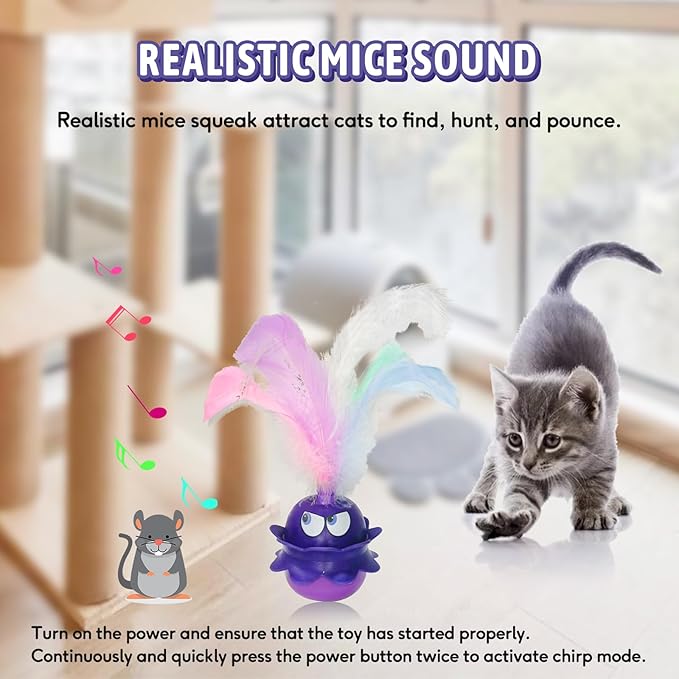 LEWISER Cat Toys Monster, 3in1 Rechargeable Automatic Interactive Cat Toy for Indoor Cats Exercise, Real Feathers, Silicone and Butterfly Tail, LED Lighting, Mice Squeak Chirping, Purple - PAWPICO
