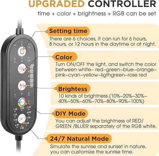 hygger 10W LED Aquarium Light for Plants, Full Spectrum Fish Tank Light with Timer Auto On/Off, 24/7 Lighting with Multi-Color, Adjustable Brightness, External Controller, for Freshwater(7"-12") hygger