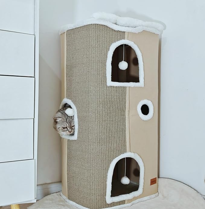 4-Level Cat House for Indoor Cats, Large Adult Cat Peekaboo Cave Bed Cats Cube Houses with Scratch Pad Cat Towers Cute Kitten Condo Hideaway Hut for Multi Pets Under 55 lbs Beige - PAWPICO