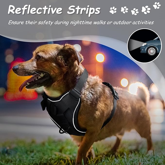 AUROTH XL Dog Harness, No Pull Dog Vest Harness with Handle, AIRTAG Holder, Reflective Strips, Adjustable, Large Dog Harness, Black - PAWPICO