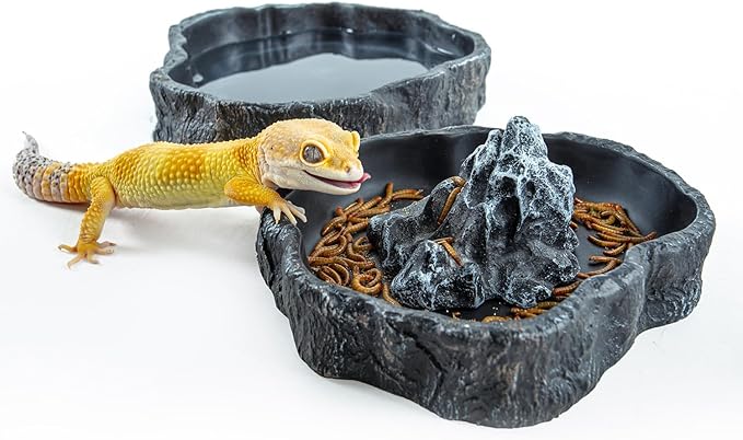 2 Pack Large Reptile Food Bowl and Water Bowl Set, Drowning Prevention Reptile Water Dish and Reptile Food Dish with Simulated Rockery, Reptile Feeder Terrarium Decoration Bowls REPTIZOO