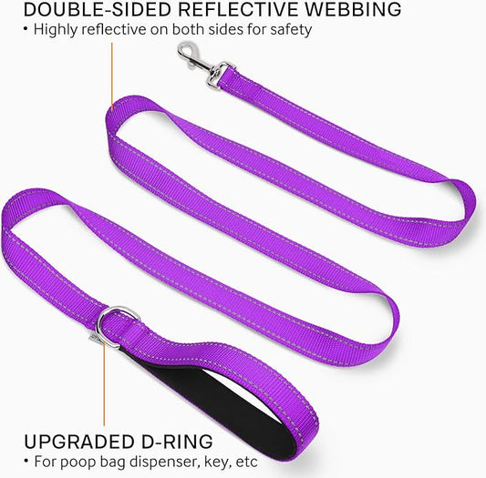 Joytale Double-Sided Reflective Dog Leash, 6 FT/5 FT/4 FT, Padded Handle Nylon Heavy Duty Leashes for Medium & Large Dogs Walking, Purple, 6FT Joytale