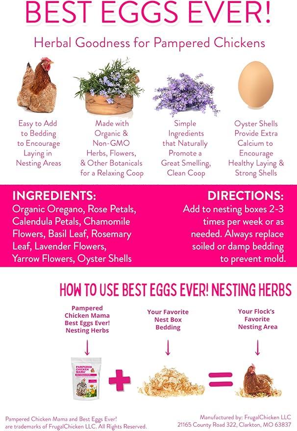 Pampered Chicken Mama Best Eggs Ever! Nesting Herbs for Chickens (10 Ounces) Calcium Supplement for Chickens | Chicken Feed Supplies, Hen Treats for Coops PamperedChickenMama