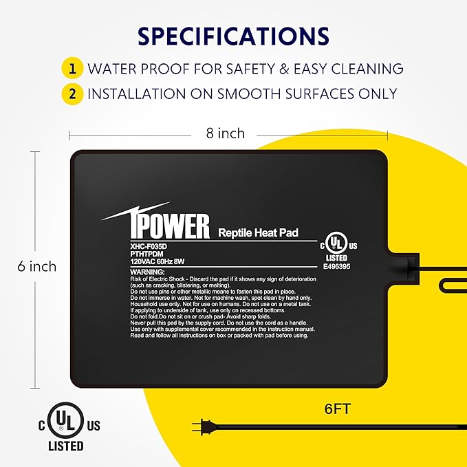 iPower Reptile Heat Pad 6X8 Inch 8W Under Tank Terrarium Warmer Heating Mat for Turtle, Lizard, Frog, Snake, Reptile, and Other Small Animals iPower