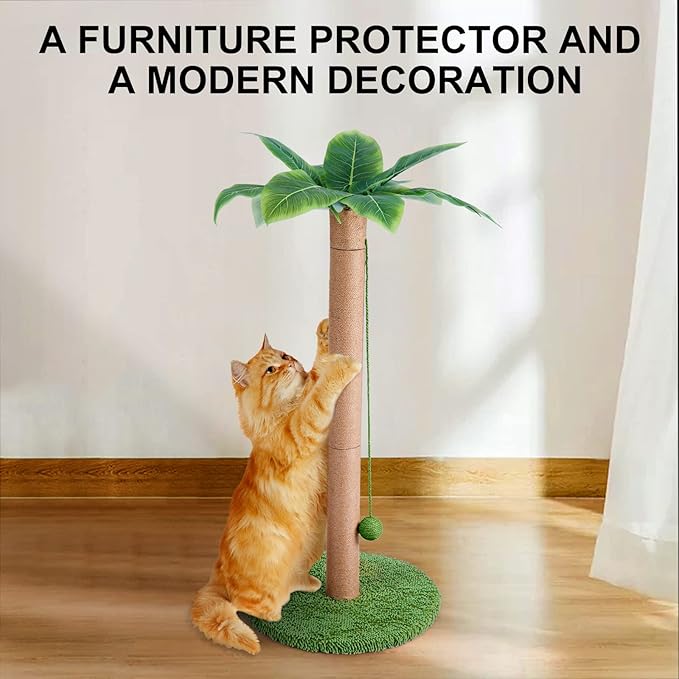 Odoland Cat Scratching Post - Indoor 33 inch Palm Tree Sisal Scratch Posts with Dangling Balls for Kitten and Large Cat - Vertical Scratcher Cute Cat Scratching Post Fun Cat Toy Green - PAWPICO