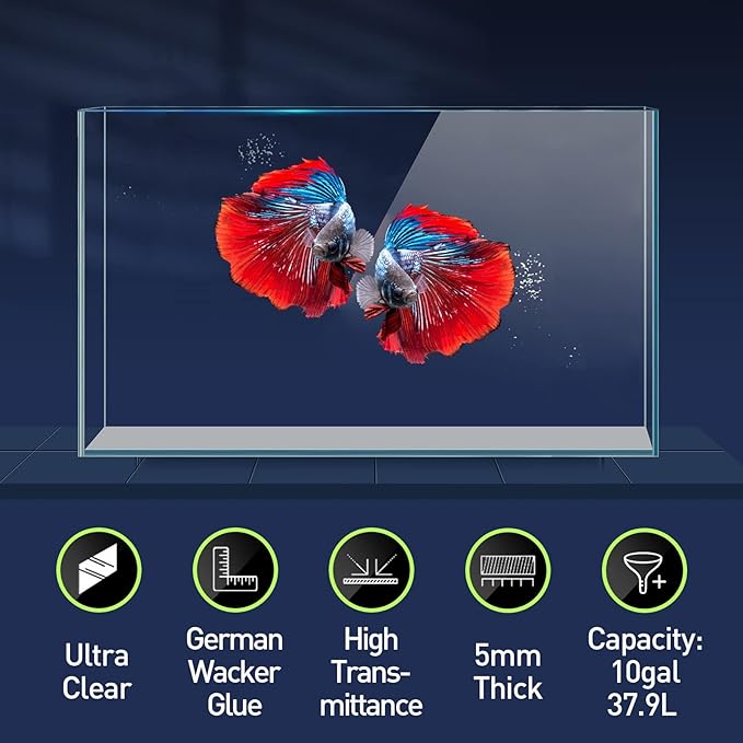 10 Gallon Ultra Clear Glass Fish Tank, Rimless Low Iron Aquarium for Betta/Nano/Goldfish/Snail/Shrimp, Big Fish Tank & Cover Set & Feeding Ring & Cleaning Tools LAQUAL