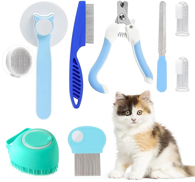 VCZONE 8 Pcs Cat Brush Grooming Kits, Pet Self Cleaning Kit with Pet Nail Clipper and File, Flea Comb, Pet Shampoo Bath Brush, Pet Shedding Brush, Silicone Toothbrush (Blue) - PAWPICO