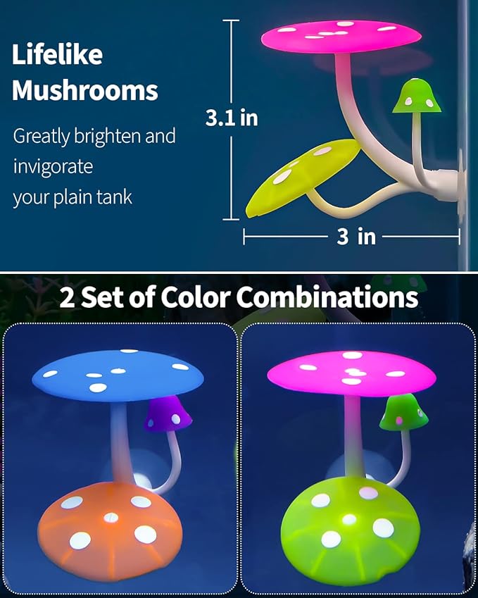 Uniclife Betta Mushroom Hammock Soft Aquarium Rest Bed Fish Breeding Playing Pad with Suction Cup Silicone Ornament Decoration Colorful Lifelike Decor for Fish Tank Landscape, 2 Pack UnicLife