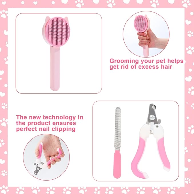 VCZONE 8 Pcs Cat Brush Grooming Kits, Pet Self Cleaning Kit with Pet Nail Clipper and File, Flea Comb, Pet Shampoo Bath Brush, Pet Shedding Brush, Silicone Toothbrush (Pink) - PAWPICO