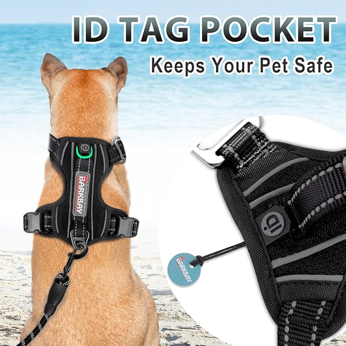 BARKBAY No Pull Dog Harness 3 Buckles Large Reflective Dog Harness with Front Clip and Easy Control Handle for Walking Training Running with ID tag Pocket(Black,M) BARKBAY