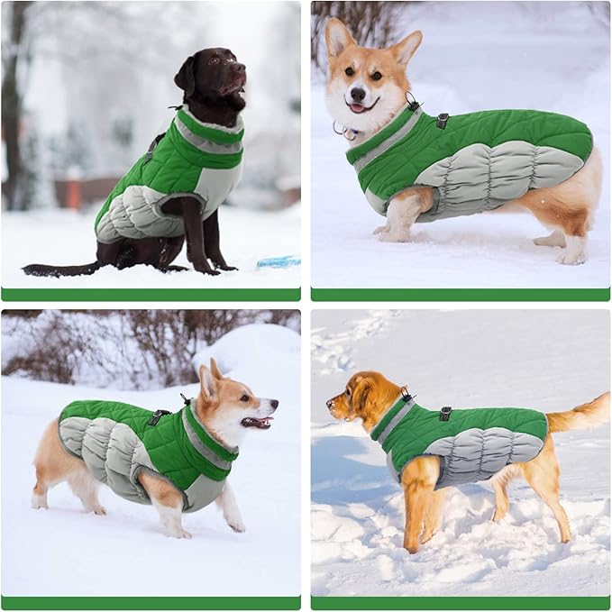 FUAMEY Dog Coat,Warm Dog Jacket Winter Coat Paded Dog Fleece Vest Reflective Dog Cold Weather Coats with Built in Harness Waterproof Windproof Dog Snow Jacket Clothes with Zipper Green Small - PAWPICO