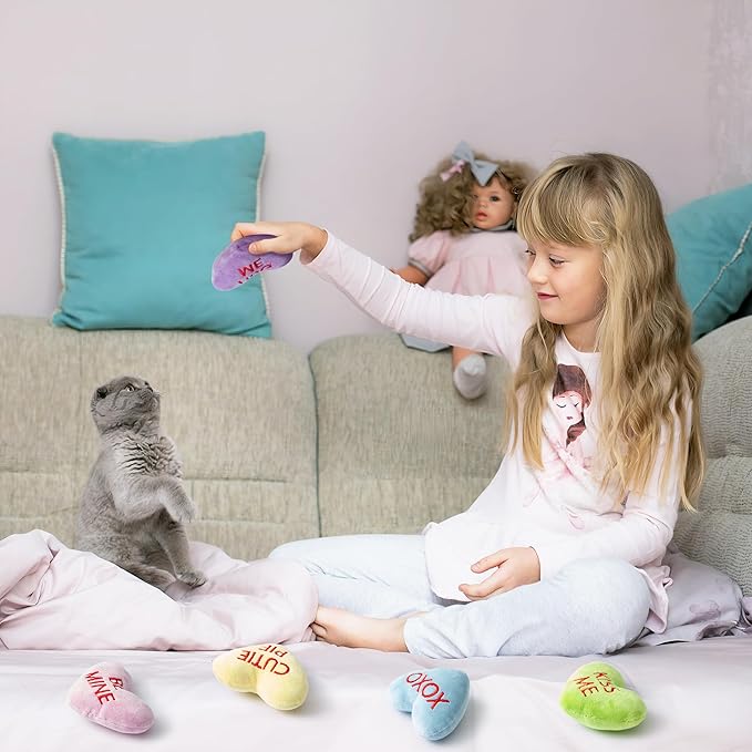 MALLMALL6 5Pcs Valentine’s Day Conversation Heart Catnip Toys Gift for Cat, Indoor Cat Chew Bite Kick Plush Candy Catmint Pet Toys for Cat Lover Gifts, Cute Interactive Cat Toy with for Pet Presents - PAWPICO