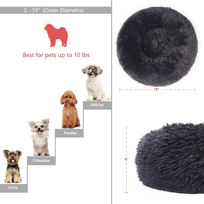 Black Dog Bed Washable,Fluffy Dog Beds for Small Dogs 19 inches Donut Soft Small Pet Bed,Calming Anti Anxiety Round Fits up to 10 lbs Warm Comfort Pets Beds for Puppy Dogs Indoor - PAWPICO