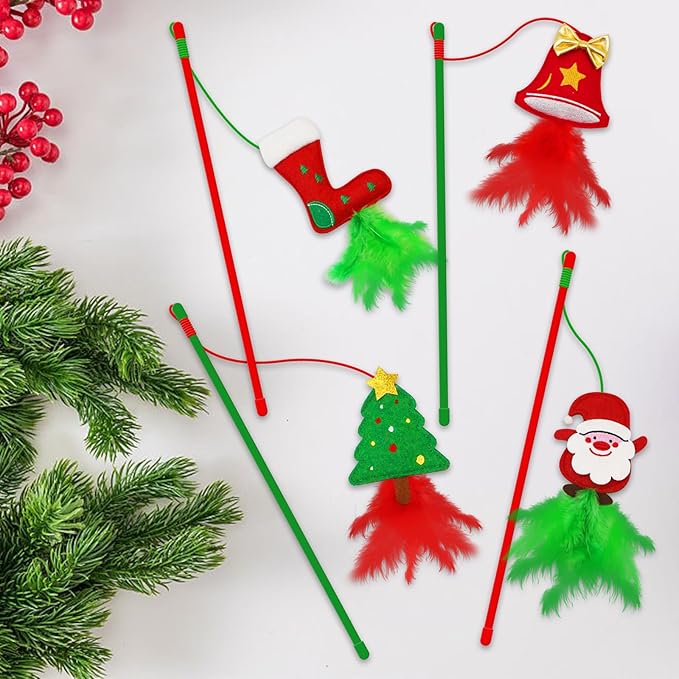 Christmas Cat Toys,4 Pack Cat Wand Toys for Indoor Cats, Cat Gifts with Catnip and Feathers for Christmas, Christmas Cat Wand for Cats and Kitten - PAWPICO
