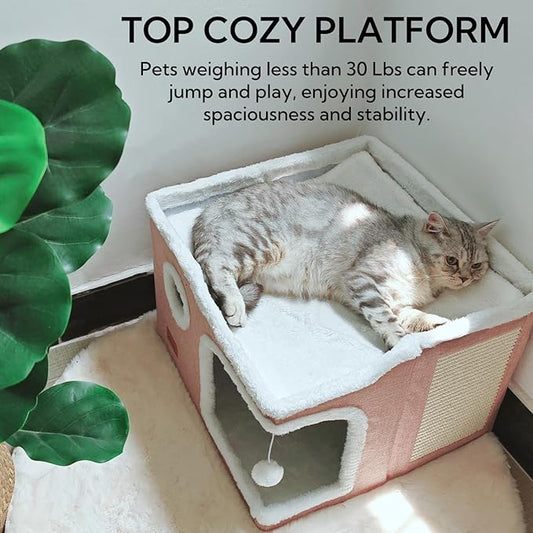 Large Cat Cave Bed for Indoor Cats, Cats Cube House with Scratch Pad Cat Condo Hideaway Tente Hut with Washable Sherpa Warm Soft Cat Mat, Cute Cat Beds Furniture, Modern Dog Bed,Pink - PAWPICO