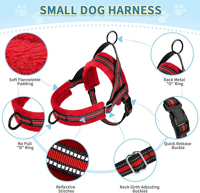 SlowTon No Pull Small Dog Harness and Leash Set, Puppy Soft Vest Harness Neck & Chest Adjustable, Reflective Lightweight Harness & Anti-Twist Pet Lead Combo for Small Medium Dogs (R-Front Clip,XS) SlowTon