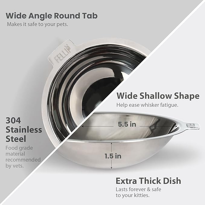 Felli Pet Oblik Whisker Fatigue Cat Food Bowl Raised Stainless Steel Shallow Dish, Pet Friendly Design Anti Vomit Tilted Metal Plate Feeder Elevated Acrylic Base for Treats Storage (0.5 Cups, Smoky) - PAWPICO