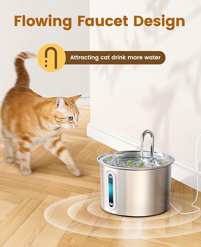 oneisall Stainless Steel Cat Water Fountain, 2L Water Fountains for Cats Indoor Dishwasher Safe with Quiet Pump and 3 Replacement Filters, Automatic Pet Water Fountain Faucet Spout Design - PAWPICO