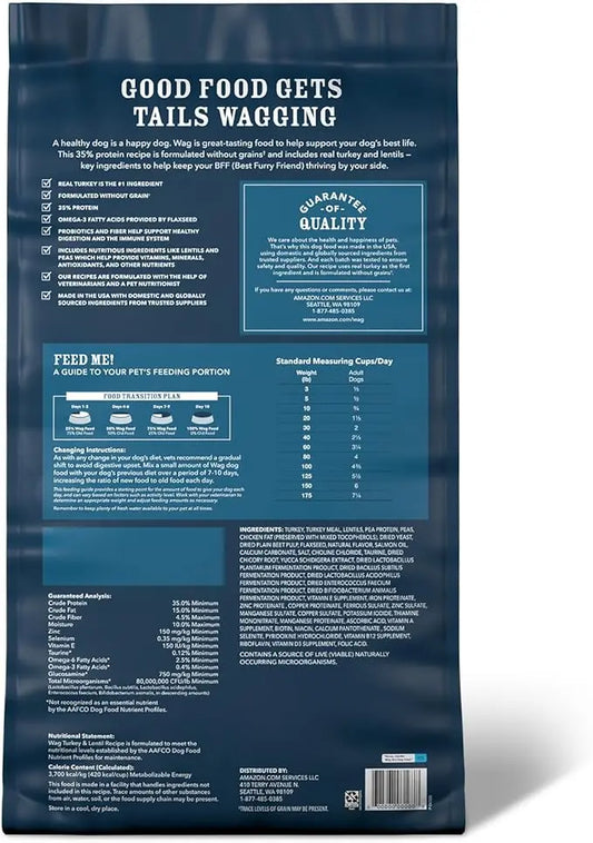 Amazon Brand - Wag Dry Dog Food Grain-Free Turkey & Lentil Recipe, High Protein (24 lb bag) - PAWPICO