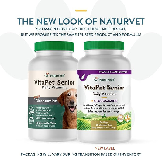 NaturVet –VitaPet Senior Daily Vitamins for Senior Dogs – Plus Glucosamine – Full Spectrum of Vitamins & Minerals – Enhanced with Glucosamine for Added Joint Support – 60 Time Release Tablets NaturVet