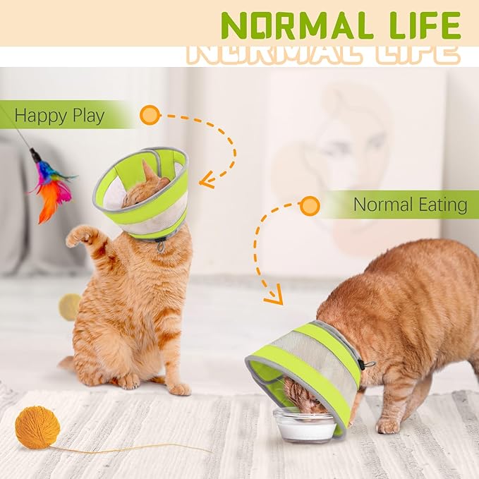 Cat Cone, Breathable Cat Cone Collar Soft, Adjustable Cat Cone to Stop Licking, Water Resistant Neck Cone for Cats with Air Mesh, Protective Cat Recovery E Collar for Cat Kitten(Green,M-2 GoGoPaw