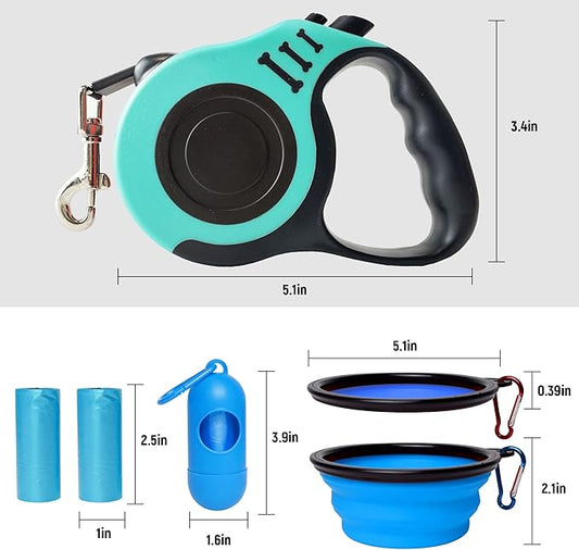 Retractable Dog Leash Automatic Telescopic Tractor Dog Tape, Pet Tape 10/16 FT Durable and Convenient, with Folding Bowl, Dispenser, Rubbish Bags, Suitable for Small and Medium Dogs LIEVUIKEN