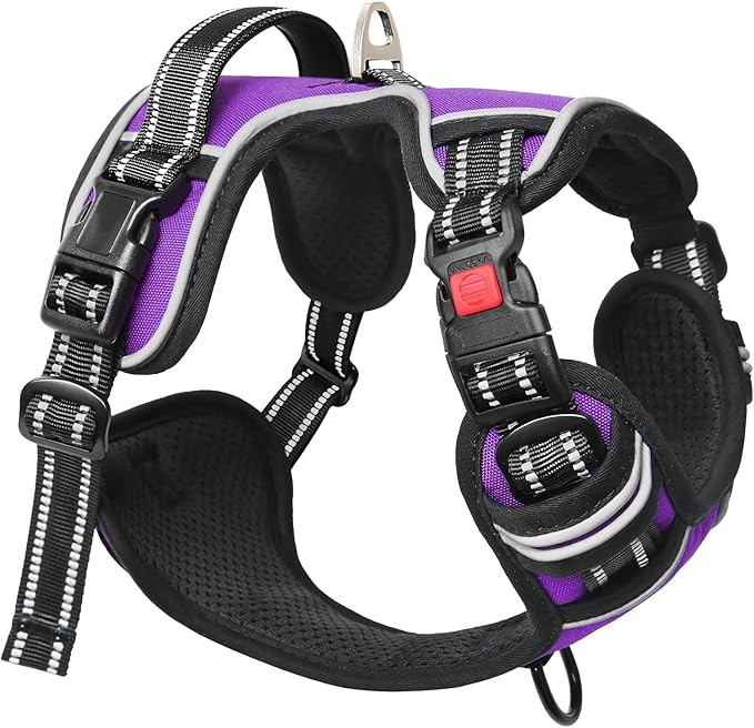 Timos Dog Harness Large Sized, No Pull Dog Harness with Neck Lockable Snap,No Choke Front Clip Dog Reflective Harness,Adjustable Metal Rings 3 Buckles,Easy Control Handle for Large Dogs Purple XL Timos