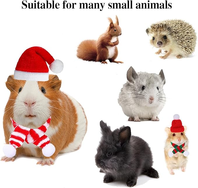 8 Pack Christmas Small Animal Costume Guinea Pig Santa Hat Small Pet Hat with Scarf for Rabbit Hamster Ferrets Chinchilla Hedgehog Lizard Bearded Dragon Christmas Party Outfit FUEAWIM