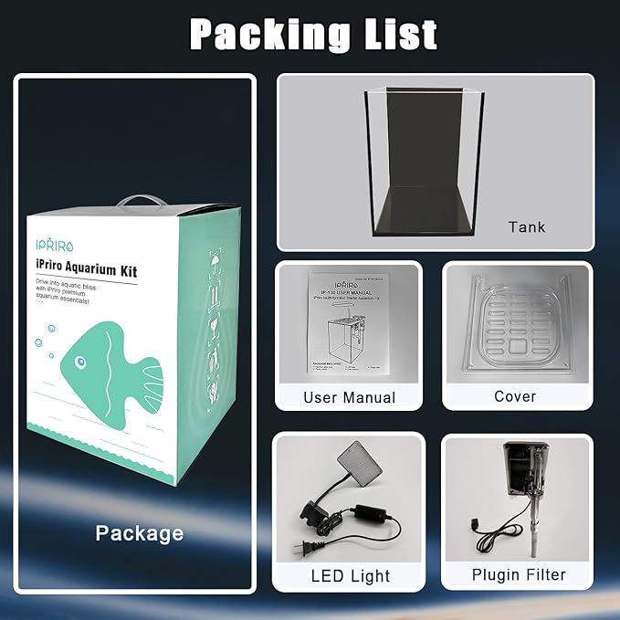 Glass Betta Aquarium Starter Kits 1.5 Gallon Small Fish Tank, Betta Fish Tank with LED Light, Power Filter, Black. 4mm Glass iPriro