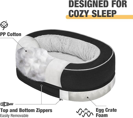 Veehoo Orthopedic Cat Bed for Indoor Cats, Oval Washable Cat Bed with Egg Crate Foam Support, Indoor Donut Puppy Cat Bed Bolster Dog Bed with Removable Cover & Non-Slip Bottom, Black - PAWPICO