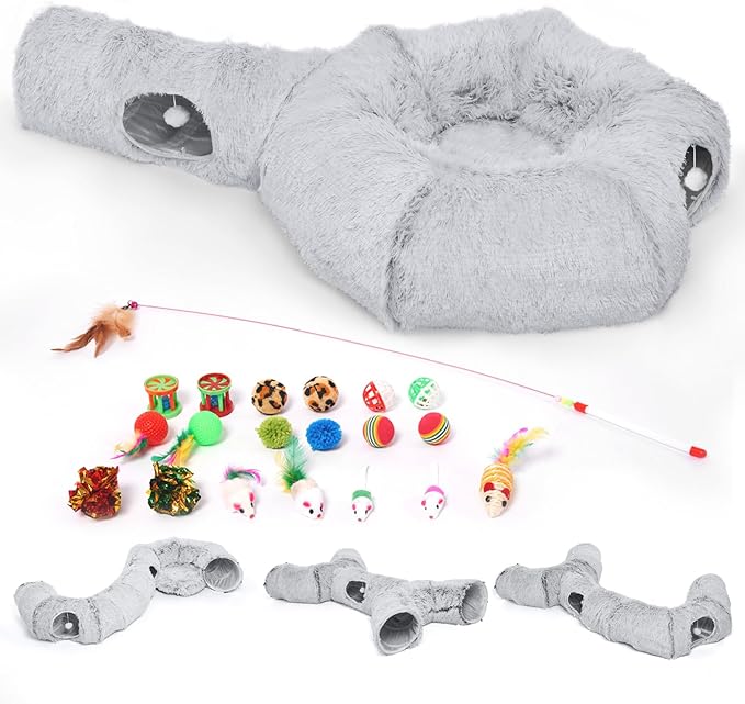 Odoland Cat Tunnels for Indoor Kitten Fluffy Cat Bed and Cat Cave Tunnels with 20 Cat Toys, Kittens Donut Tunnel and Variety Kitten Toy Set for Kitten/Puppy/Rabbit - PAWPICO