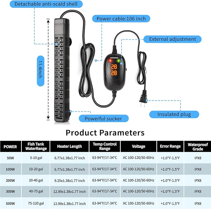 HiTauing Aquarium Heater, 50W/100W/200W/300W/500W Submersible Fish Tank Heater with Over-Temperature Protection and Automatic Power-Off When Leaving Water for Saltwater and Freshwater HiTauing